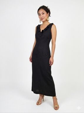 NWT Joy & Peace Summer Linen Blend Ruffle V-Neck Maxi Dress Black 10P